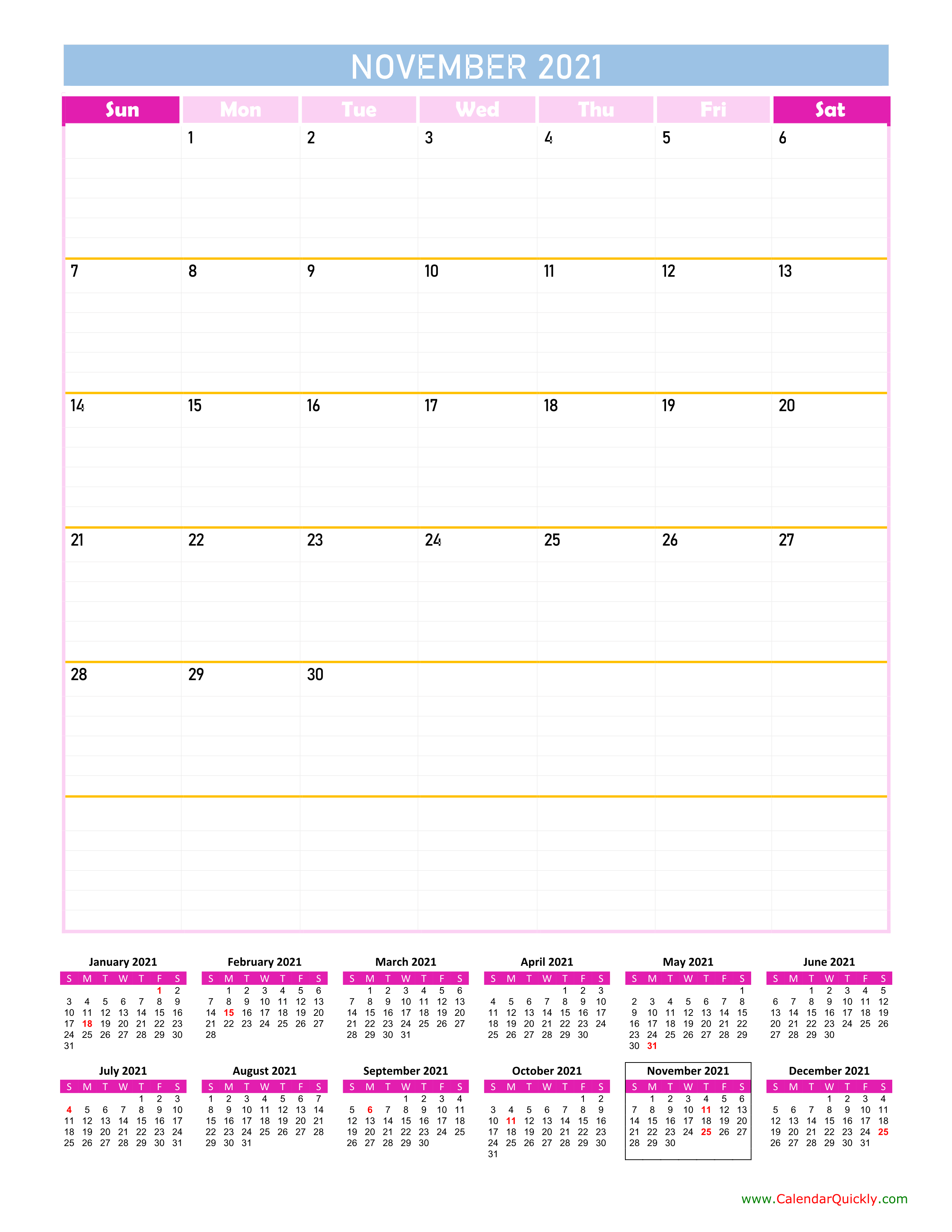 November Calendar 2021 Vertical Calendar Quickly