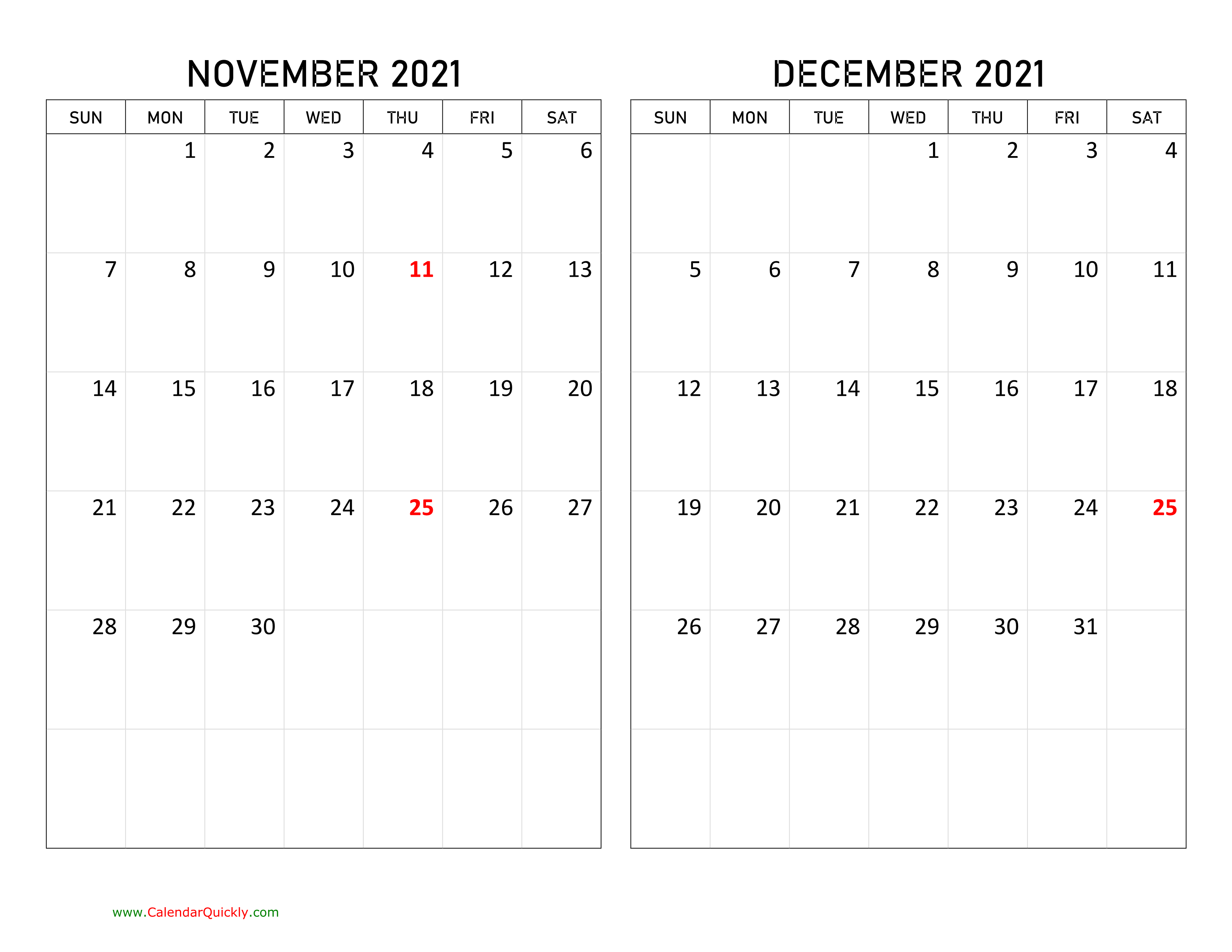 November and December 2021 Calendar Calendar Quickly