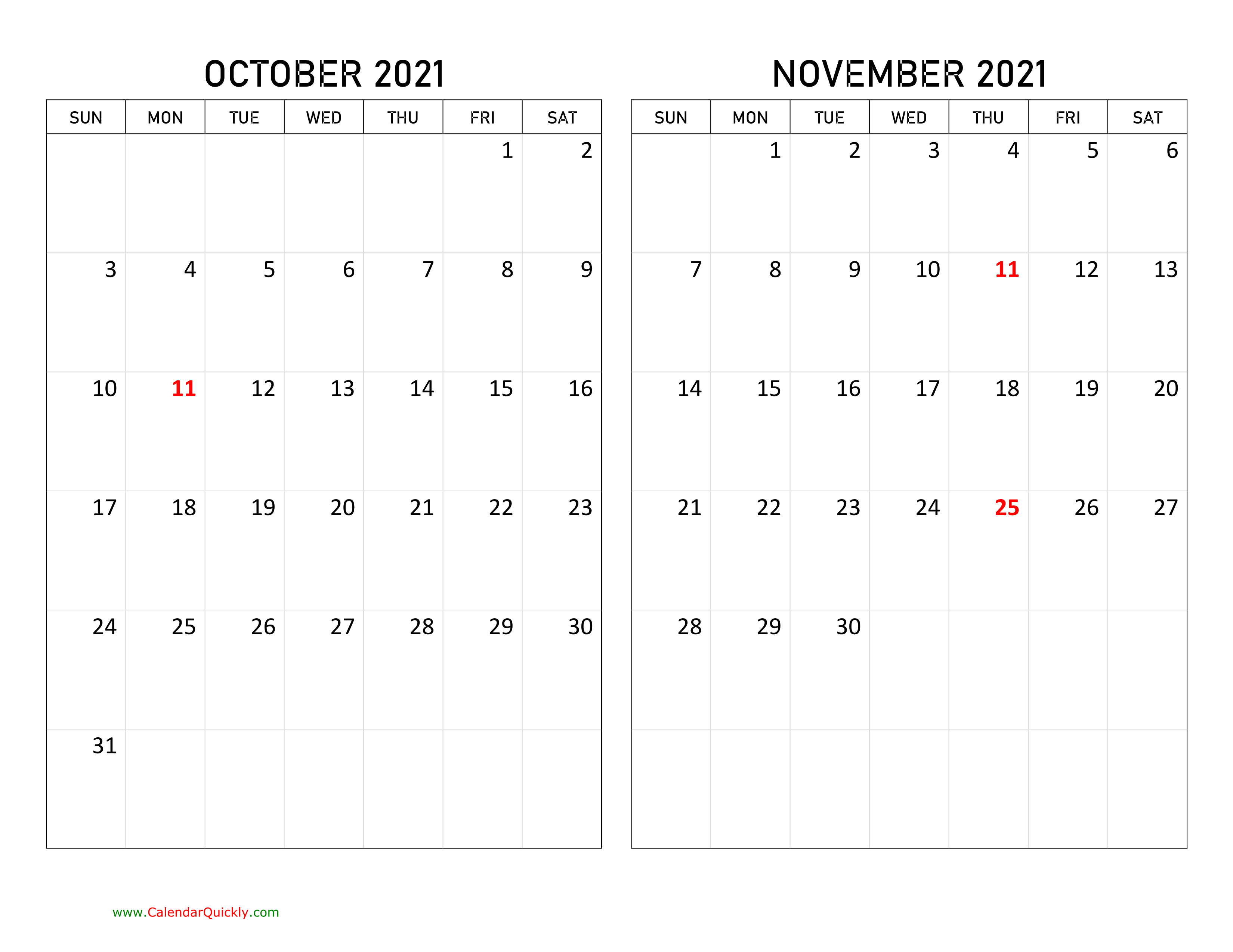 October and November 2021 Calendar Calendar Quickly