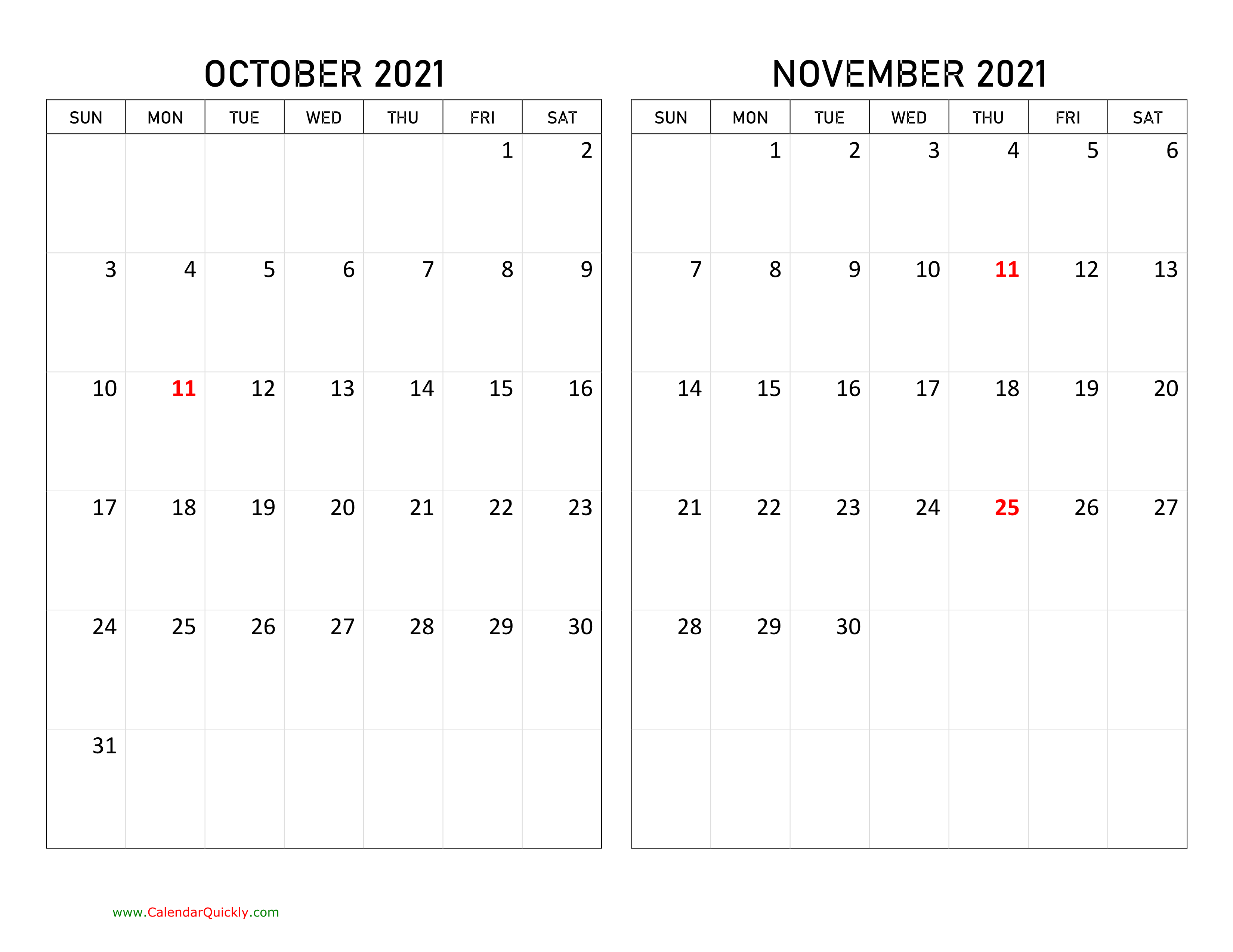 October And November 2021 Calendar Calendar Quickly