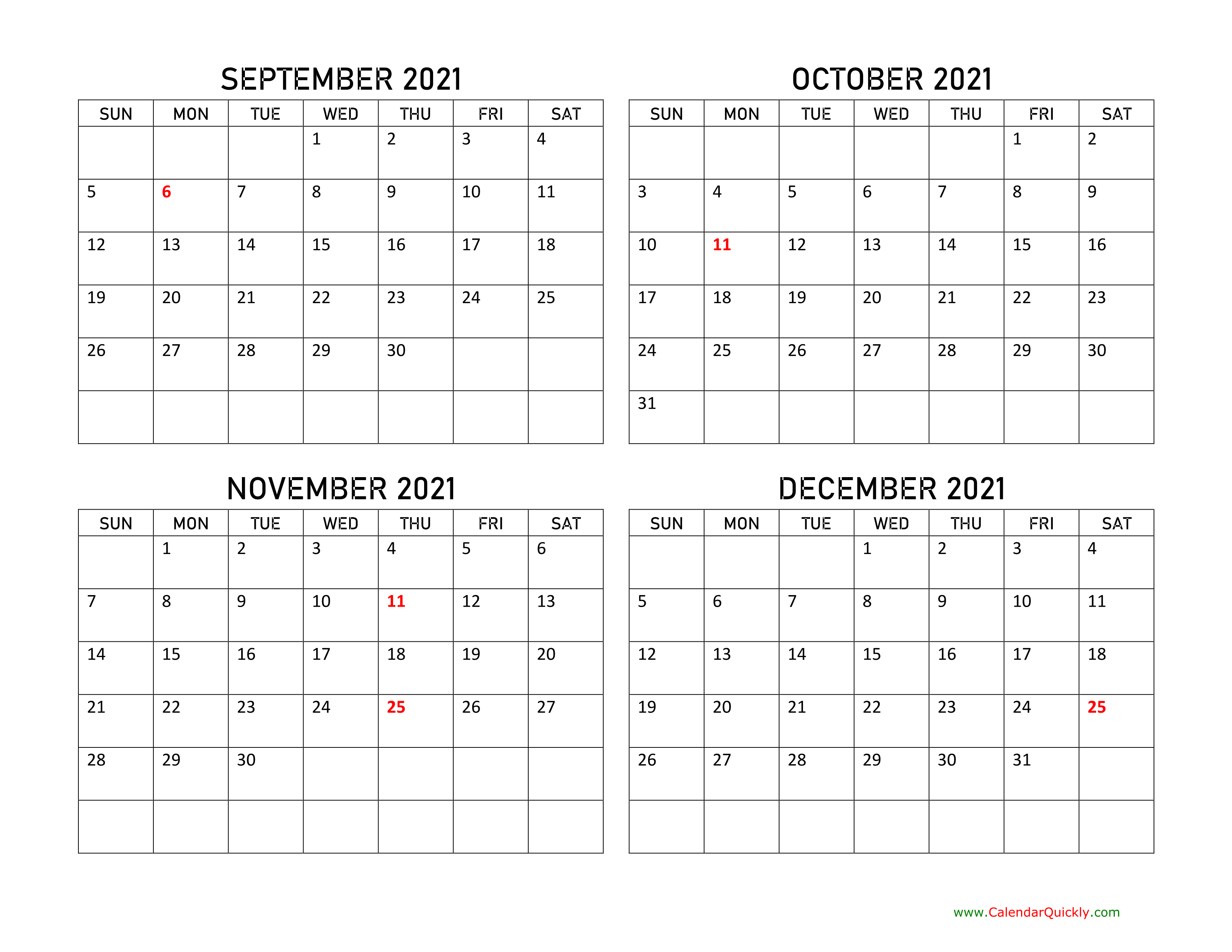 September To December 2021 Calendar Calendar Quickly
