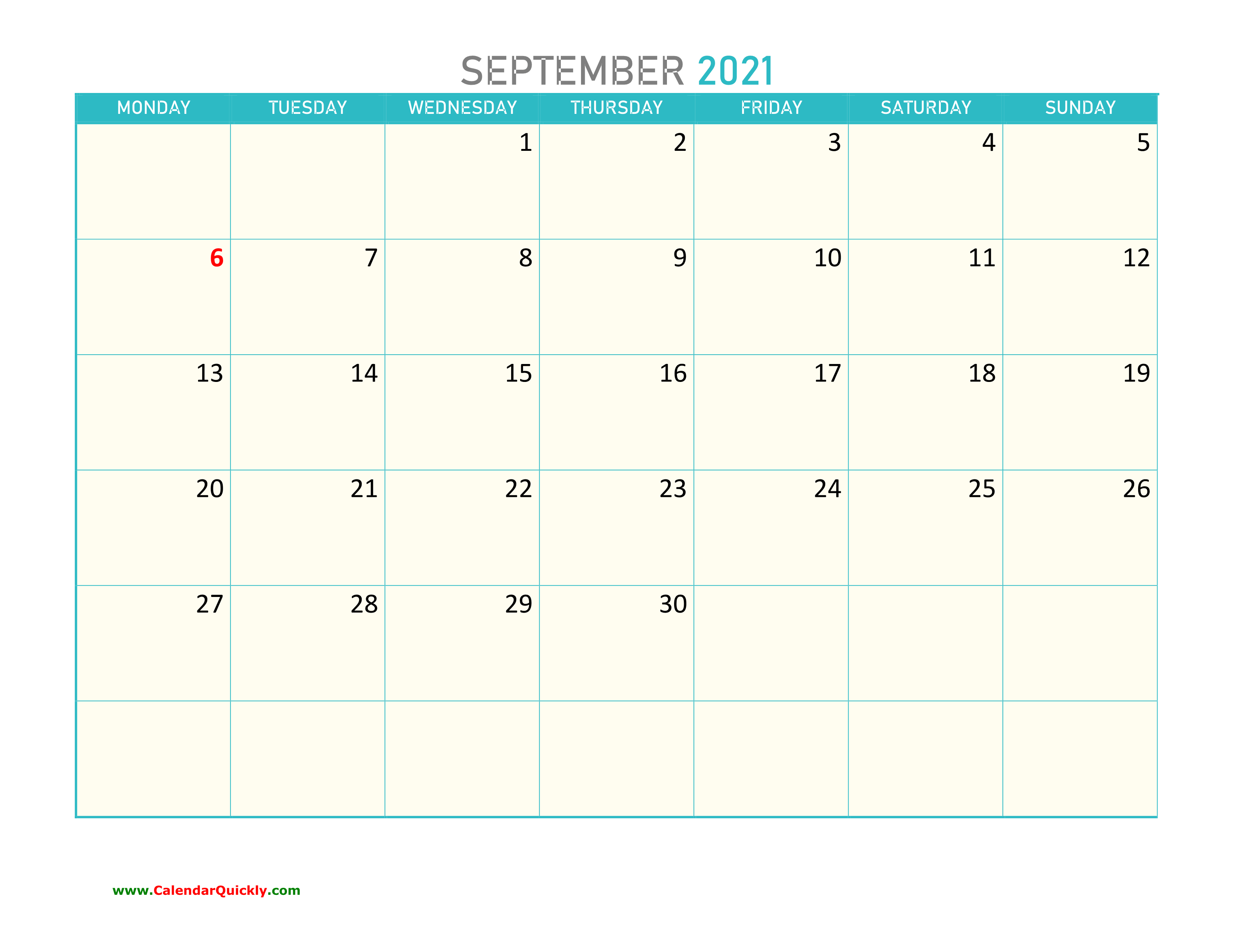 September Monday 2021 Calendar Printable | Calendar Quickly