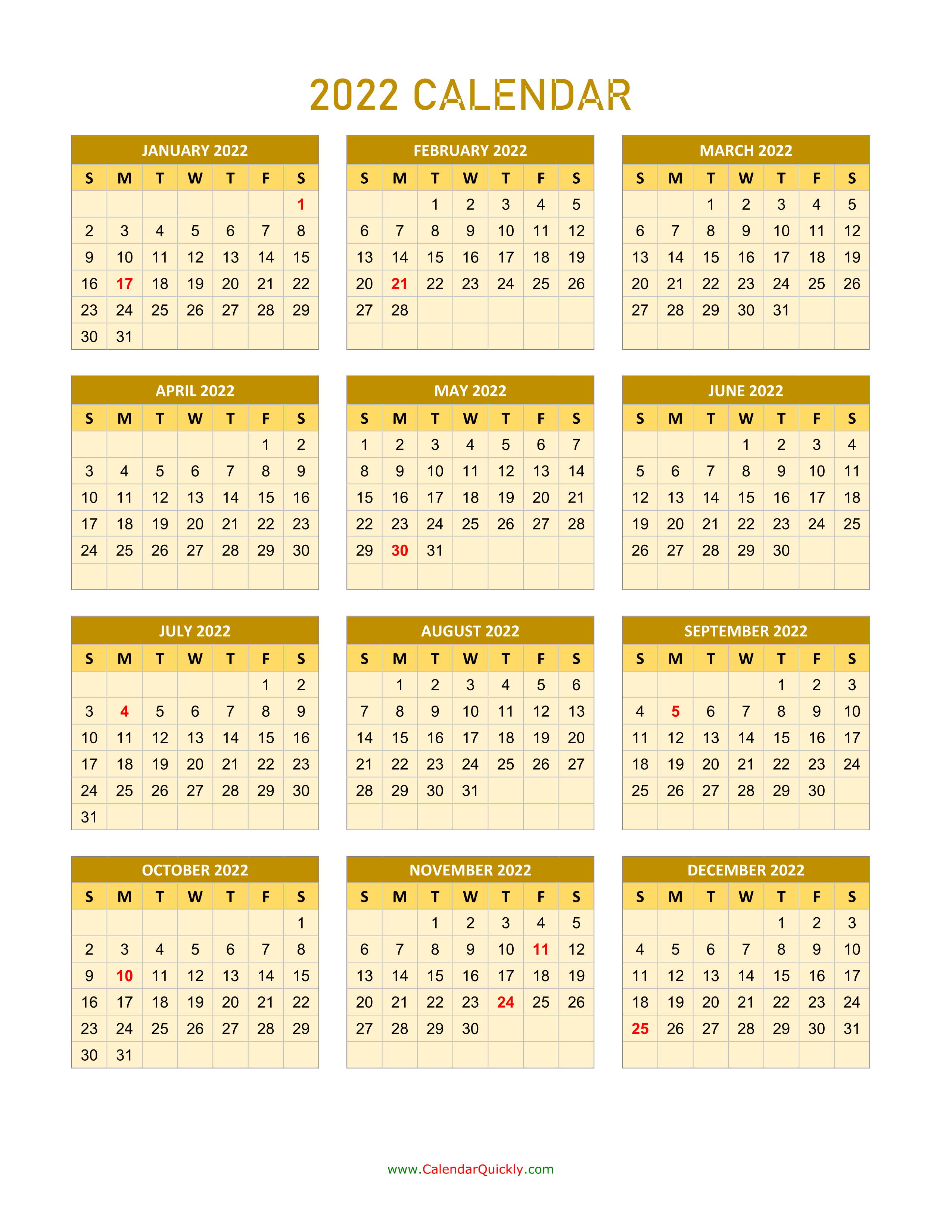 2022 Calendar Vertical Calendar Quickly