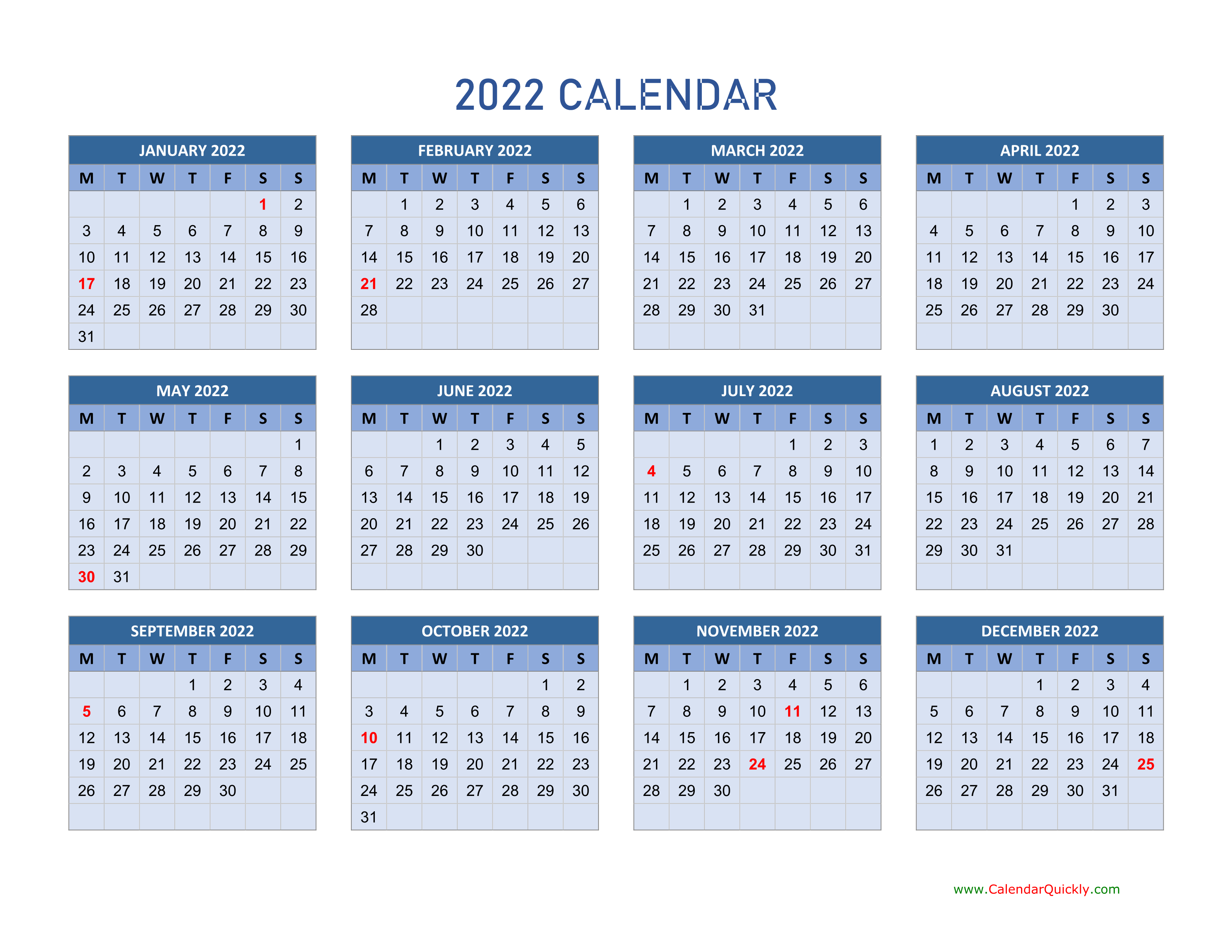 Monday 2022 Calendar