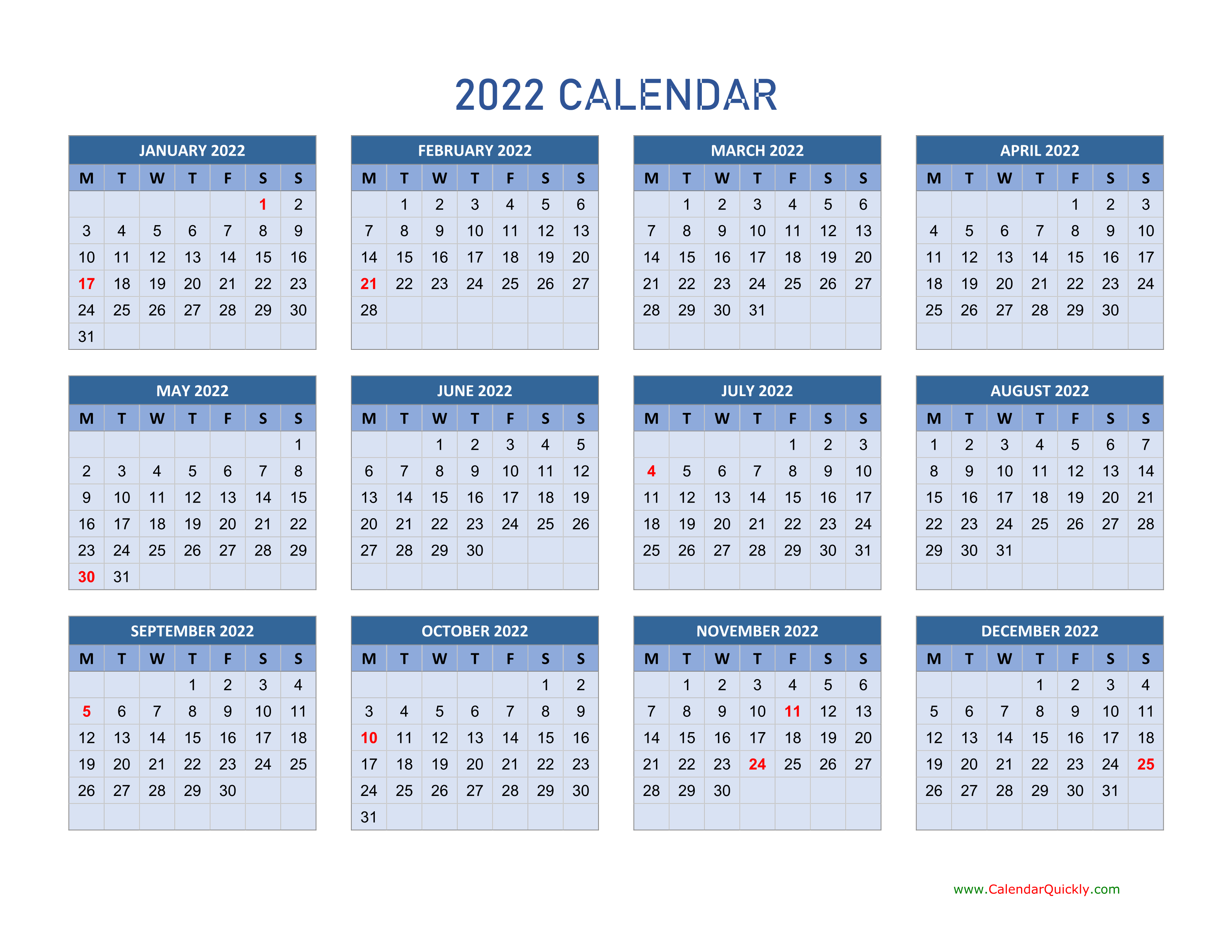 2022 Monday Start Calendar With Week Numbers