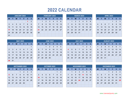 Monday 2022 Calendar Horizontal
