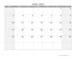 April Calendar 2022 with Holidays