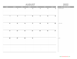August 2022 Calendar with To-Do List