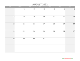 august calendar 2022 with holidays