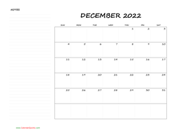 December Blank Calendar 2022 with Notes