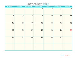 December Monday 2022 Calendar Printable