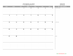 february 2022 calendar with to-do list