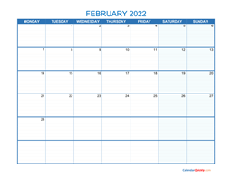 february monday 2022 blank calendar