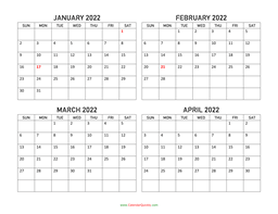 january to april 2022 calendar