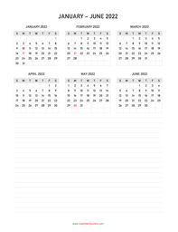 january to june 2022 calendar with notes