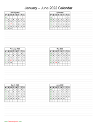 january to june 2022 calendar vertical