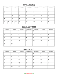 January to March 2022 Calendar
