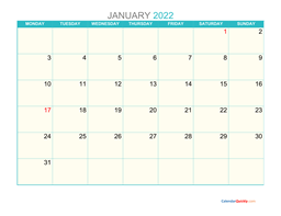 January Monday 2022 Calendar Printable