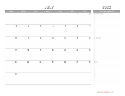 july 2022 calendar with to-do list