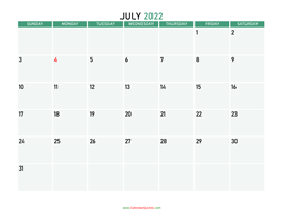 july 2022 printable calendar