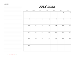 july blank calendar 2022 with notes
