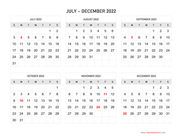 july to december 2022 calendar horizontal