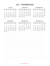 july to december 2022 calendar with notes