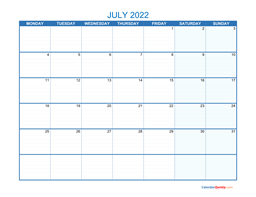 july monday 2022 blank calendar