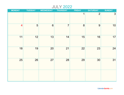july monday 2022 calendar printable