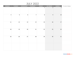 july monday calendar 2022 with notes