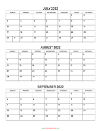 July to September 2022 Calendar