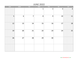 June Calendar 2022 with Holidays