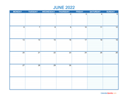 june monday 2022 blank calendar