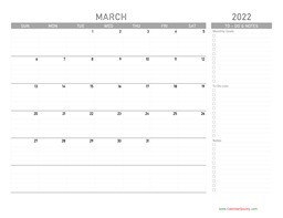 March 2022 Calendar with To-Do List
