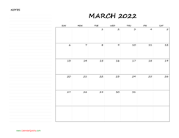 March Blank Calendar 2022 with Notes