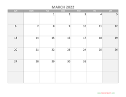 March Calendar 2022 with Holidays