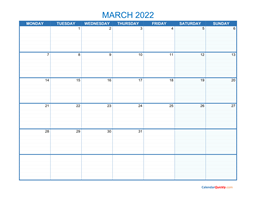 march monday 2022 blank calendar