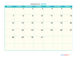 March Monday 2022 Calendar Printable