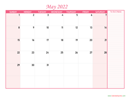 May Calendar 2022 with Notes