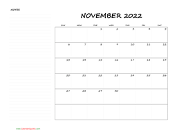 November Blank Calendar 2022 with Notes