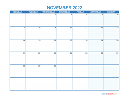 November Monday 2022 Blank Calendar