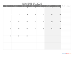 November Monday Calendar 2022 with Notes