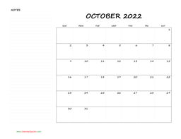 october blank calendar 2022 with notes