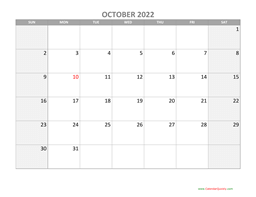 October Calendar 2022 with Holidays