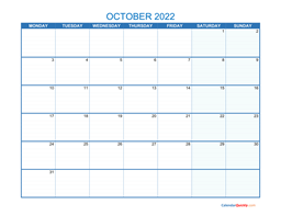 october monday 2022 blank calendar
