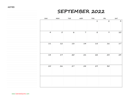 September Blank Calendar 2022 with Notes