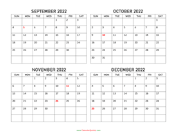 september to december 2022 calendar