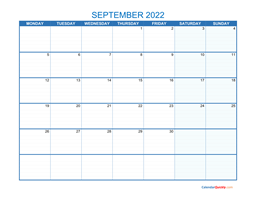 September Monday 2022 Blank Calendar