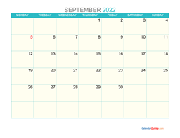 September Monday 2022 Calendar Printable