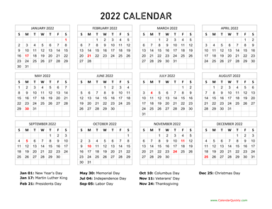 2022 Calendar with Holidays